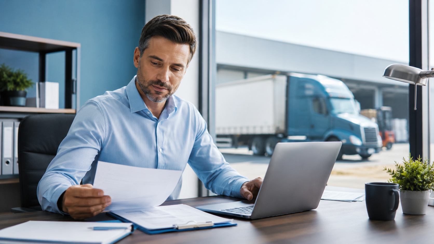Freight broker reviewing contingent cargo insurance coverage at desk