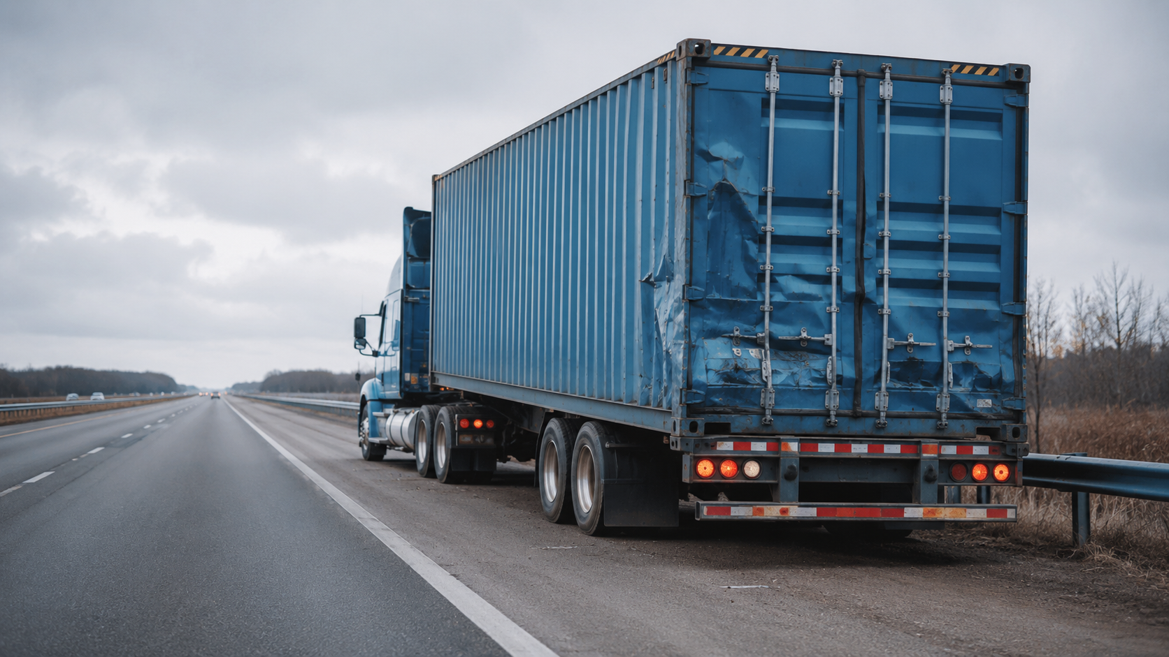 Semi-truck pulled over on highway shoulder with damaged cargo, illustrating contingent cargo insurance risk